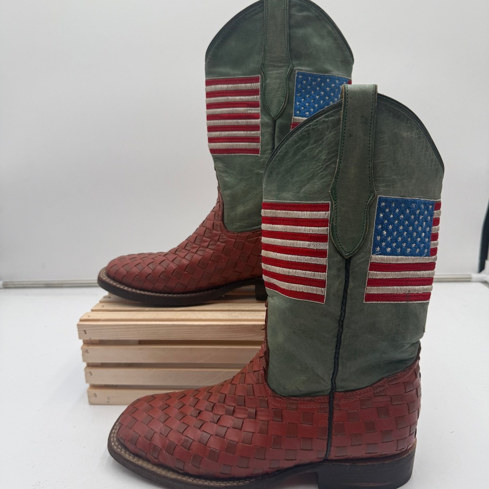 Expo Odessa Cowboy Boots Woven Leather American Flag Green Brown Mens 8.5-9